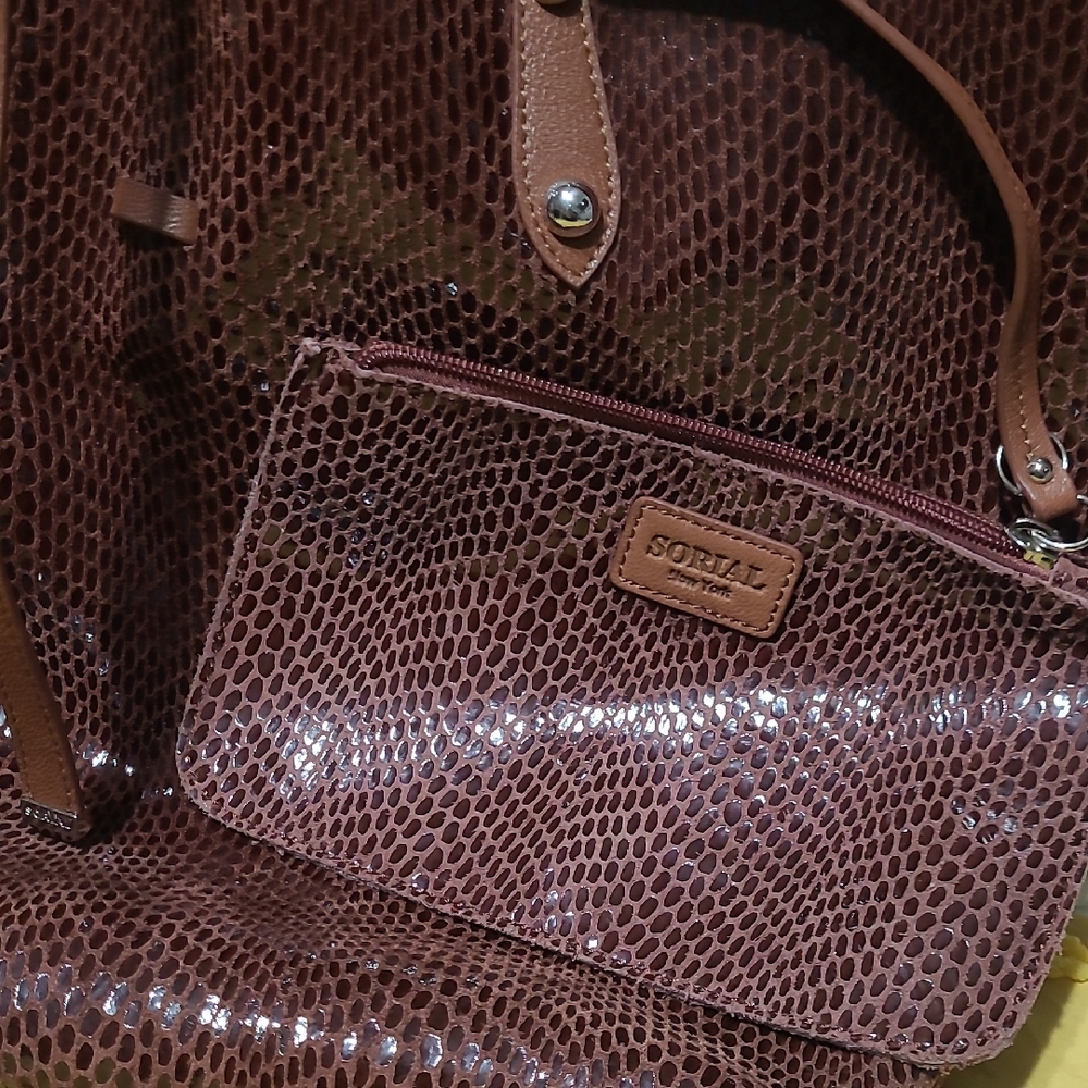Sorial Chocolate Brown Textured Leather Tote with Matching Zip Pouch